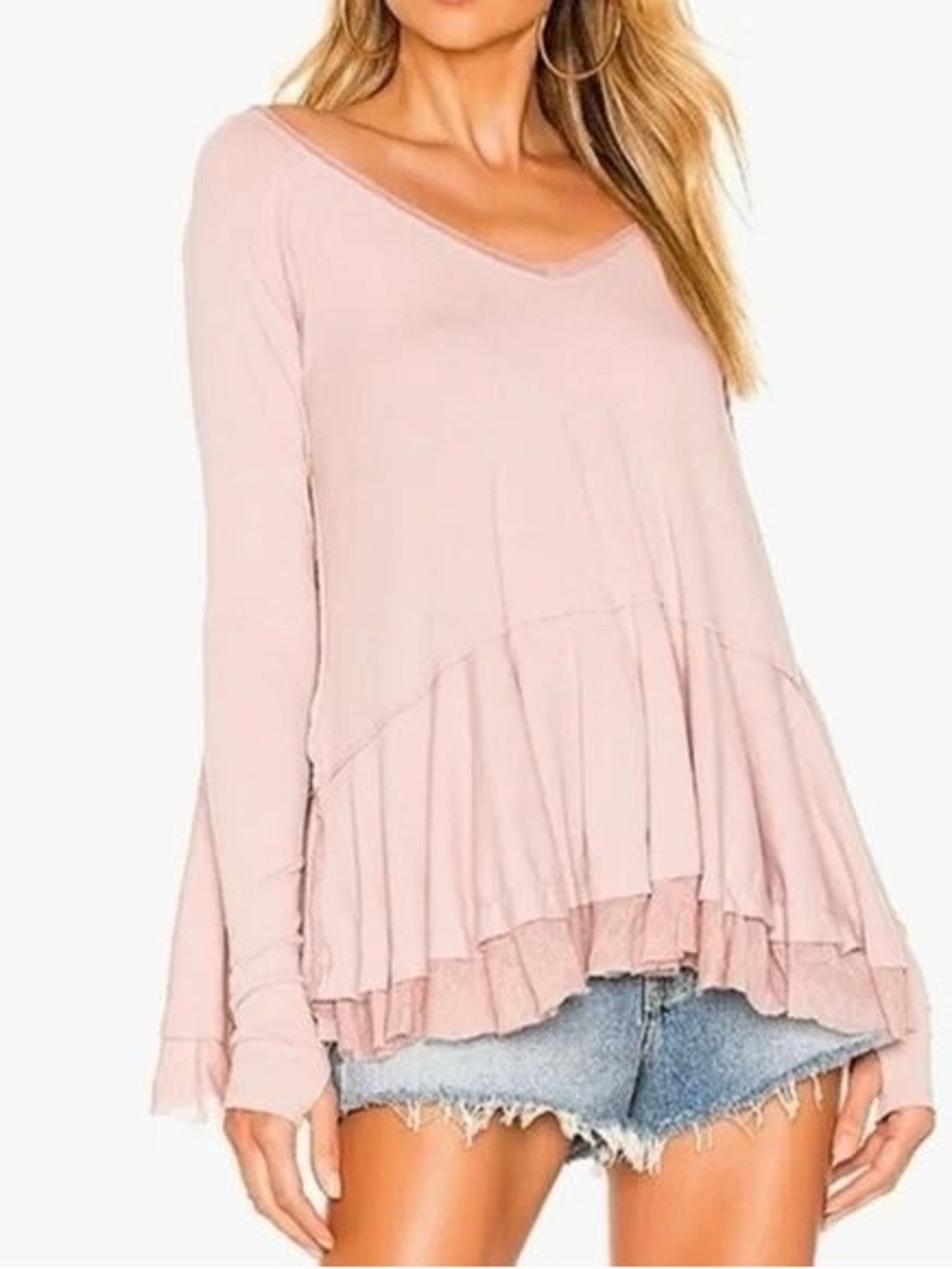 Free People - Tangerine Light Pink Long Sleeve Deep V Neck Tiered Blouse Size S
